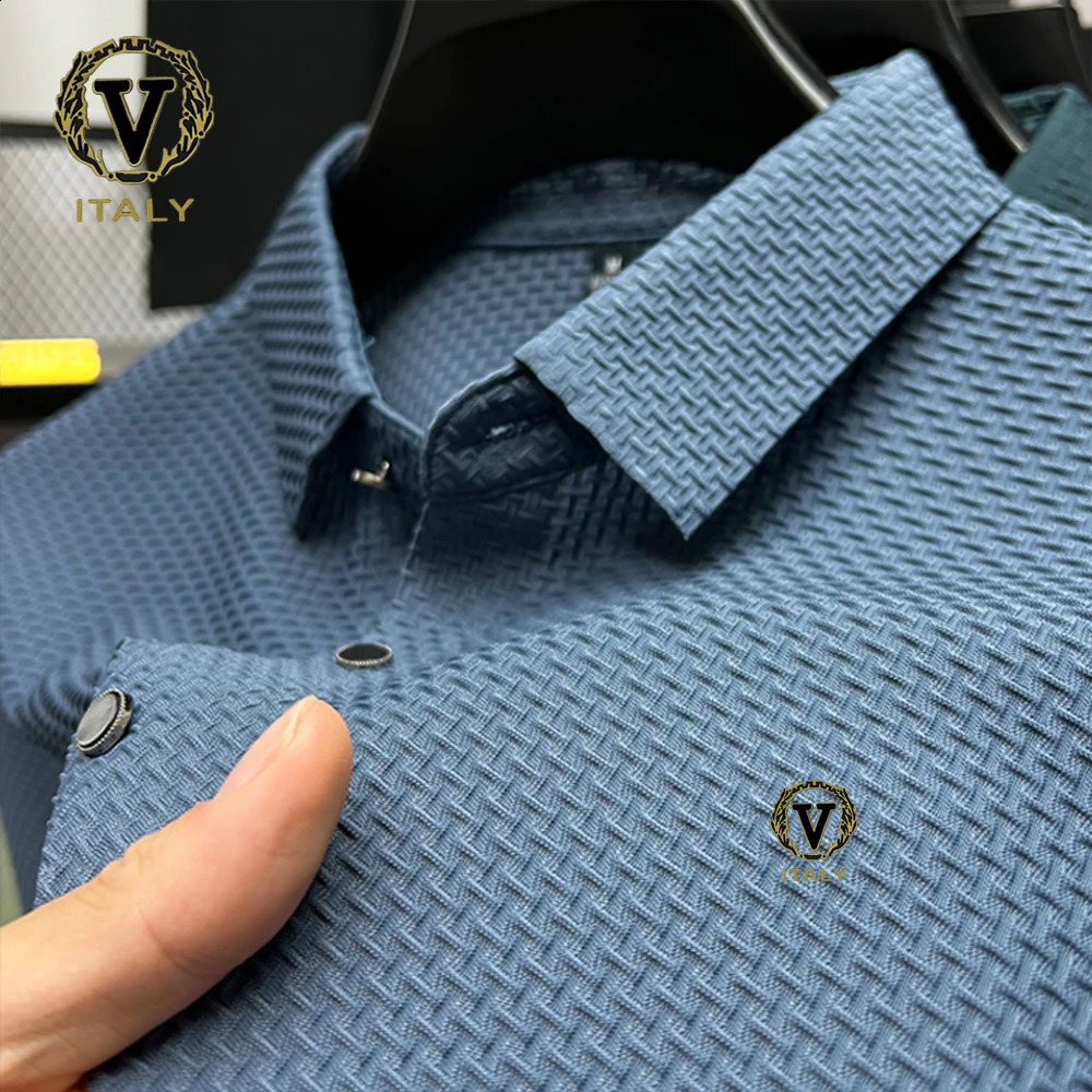 Fashionable printed ice silk elastic polo shirt summer breathable mens business short sleeved top 250422