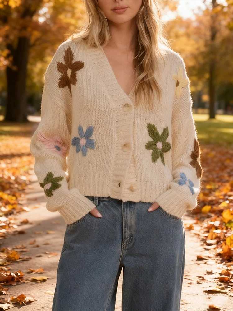 Hot Selling New All-Match Colorful Flower Loose Wool Cardigan Coat Long Sleeve Knitted Women Sweater Fall Winter Warm Beige TopsT251125