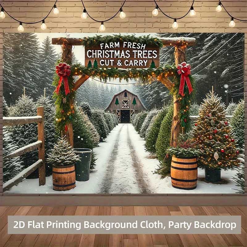 Christmas Tree Farm Tapestry Snowy Winter Forest with Red Ribbon Design Wall Hanging for Cozy Holiday Home and Office DecorM251125