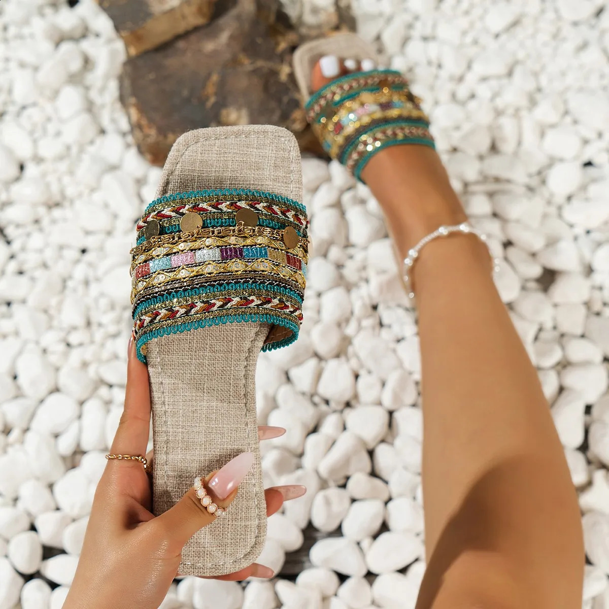 Shoes for Women Summer Basic Womens Slippers High Quality Boho Women Slippers Women Metal Decoration Flat Sandals Zapatos 250421
