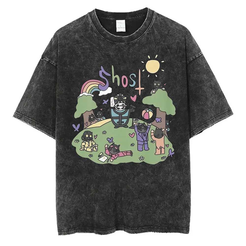 Washed Vintage Ghost Band T-shirt Mens Summer Oversized T-shirt Mens 90s Gothic Street Clothing Mens Rock Metal Music T-shirt W250425