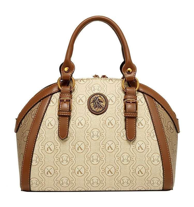 Khaki Retro Leather Women's Handbag Fashion Geometric Floral Shoulder Bag Hundred Splicing Color Collision Girls Crossbody