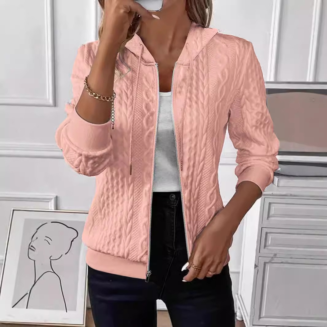 2024 autumn and winter solid color long sleeved knitted zipper hooded sweatshirt jacket for women
