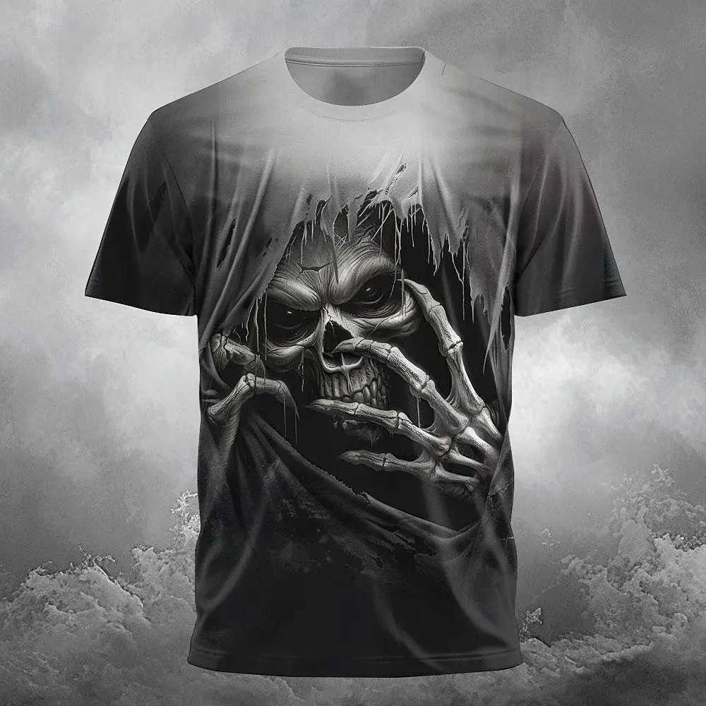 Mens T-shirt 3D skull print casual crew collar T-shirt short sleeved top summer oversized T-shirt hip-hop fashion mens clothing W250425