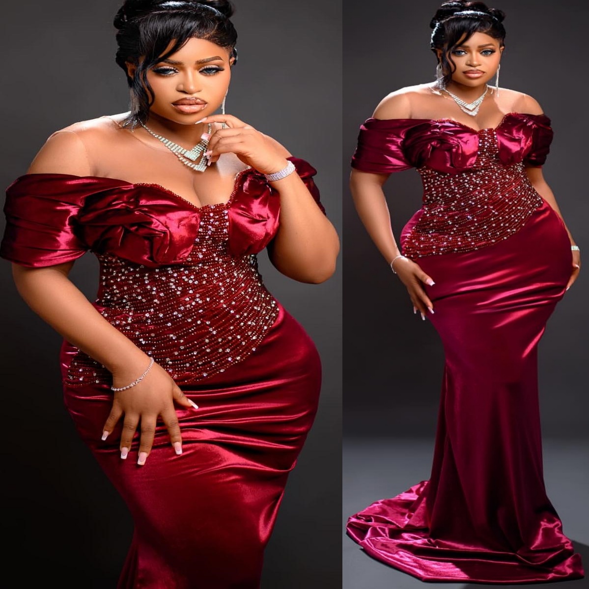 Burgundy Mermaid Plus Size Prom Dresses 2025 Crystals Beaded Satin Sheer Neck Evening Formal Party Second Birthday Engagement Gowns Dress For Special 