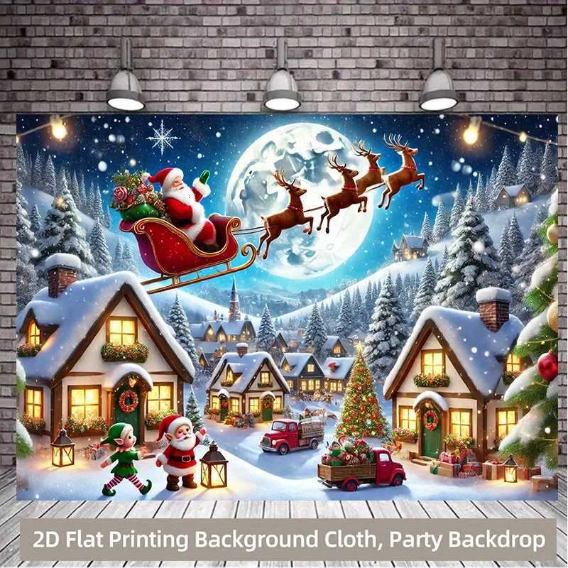Winter Wonderland Christmas Tapestry Santa Sleigh with Rudolph and Elves Snow Scene Wall Art for Indoor Outdoor Party DecorM251125