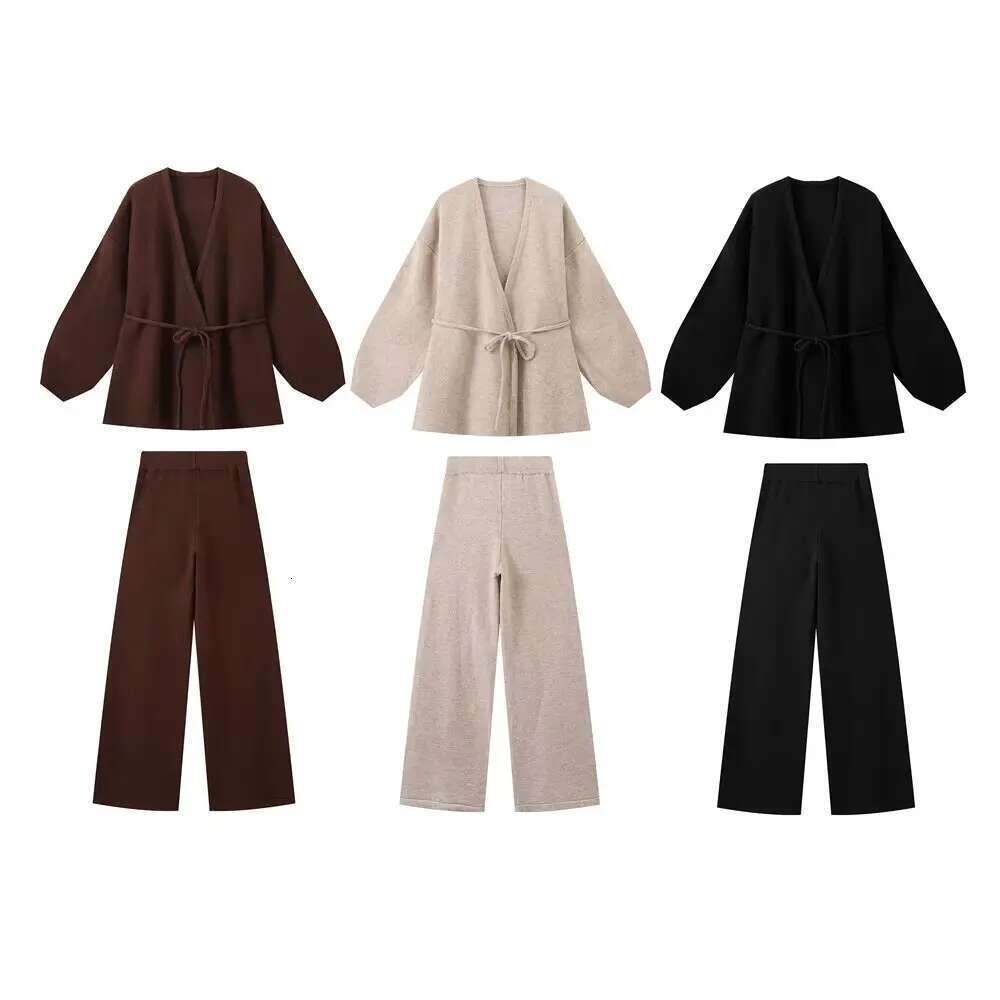2024 Autumn New Women's Clothing Fashionable European American Style Knitted Lace Up Cardigan Top And Pants Set