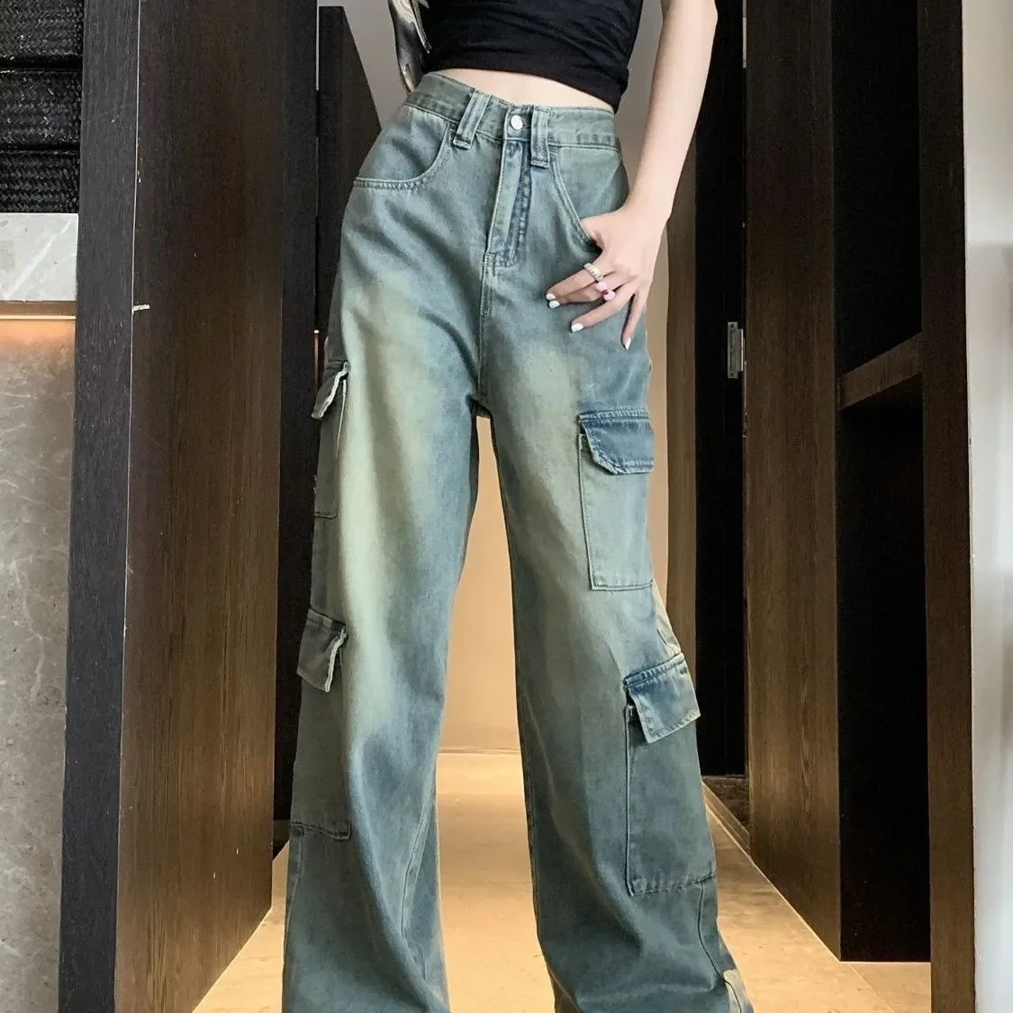 American style retro wide leg denim jeans suitable for womens casual straight pants with a loose feel autumn fashion 250417