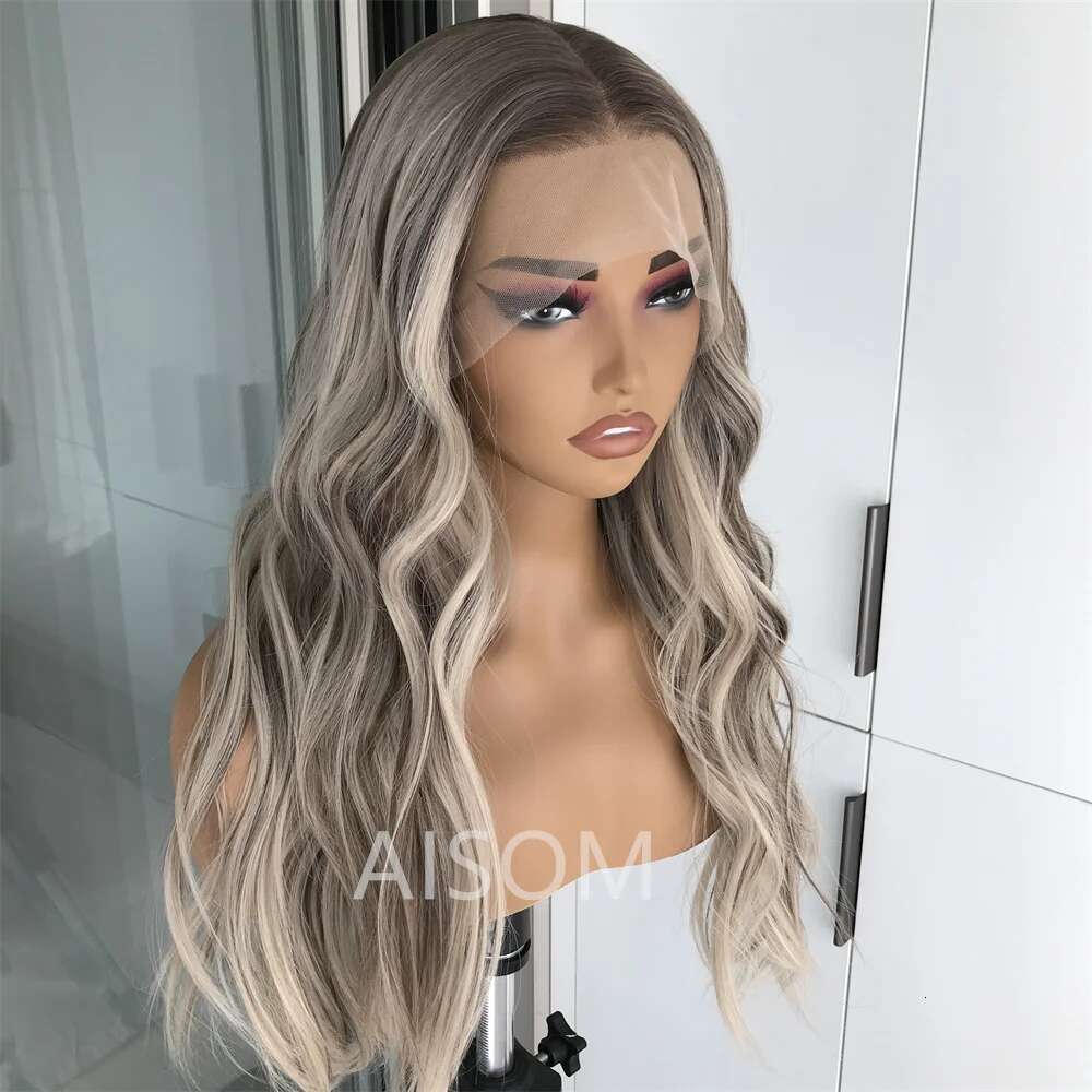 Highlight Ash Platinum Blonde Body Wave Synthetic Lace Front For Women Long Wavy Pre Plucked Heat Resistant Fiber Wig Daily