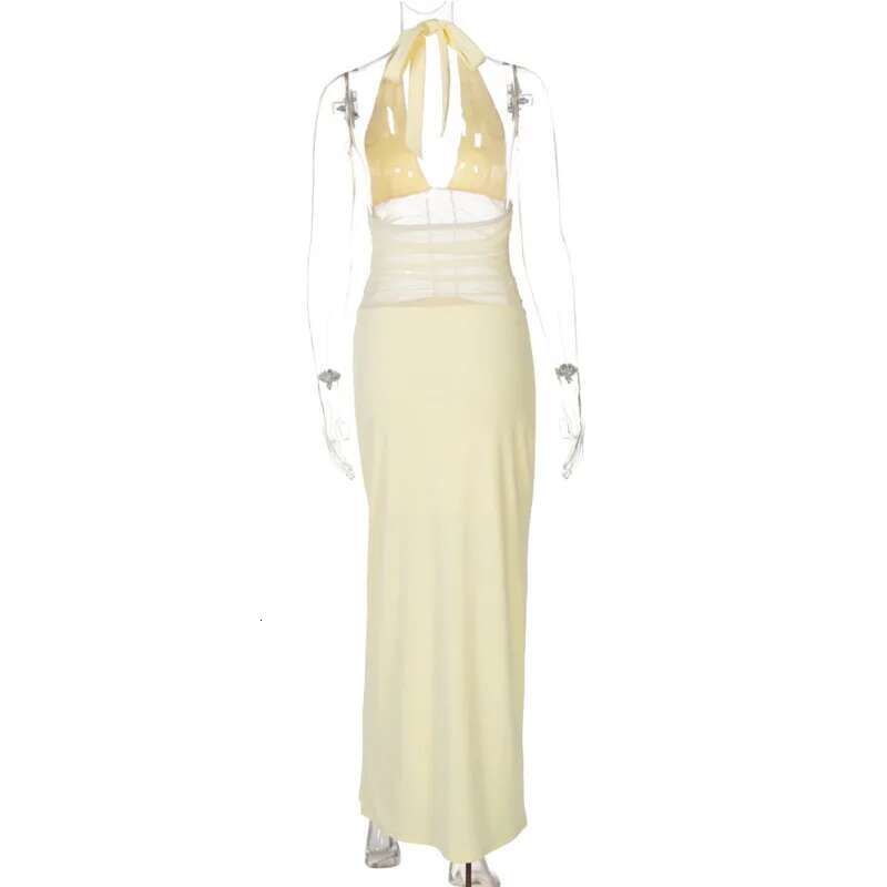Dongdumaoyi Townlike Mesh Patchwork Slim Bodycon Dress Women Halter Spring Summer Maxi Long Backless Sexy Party Dresses