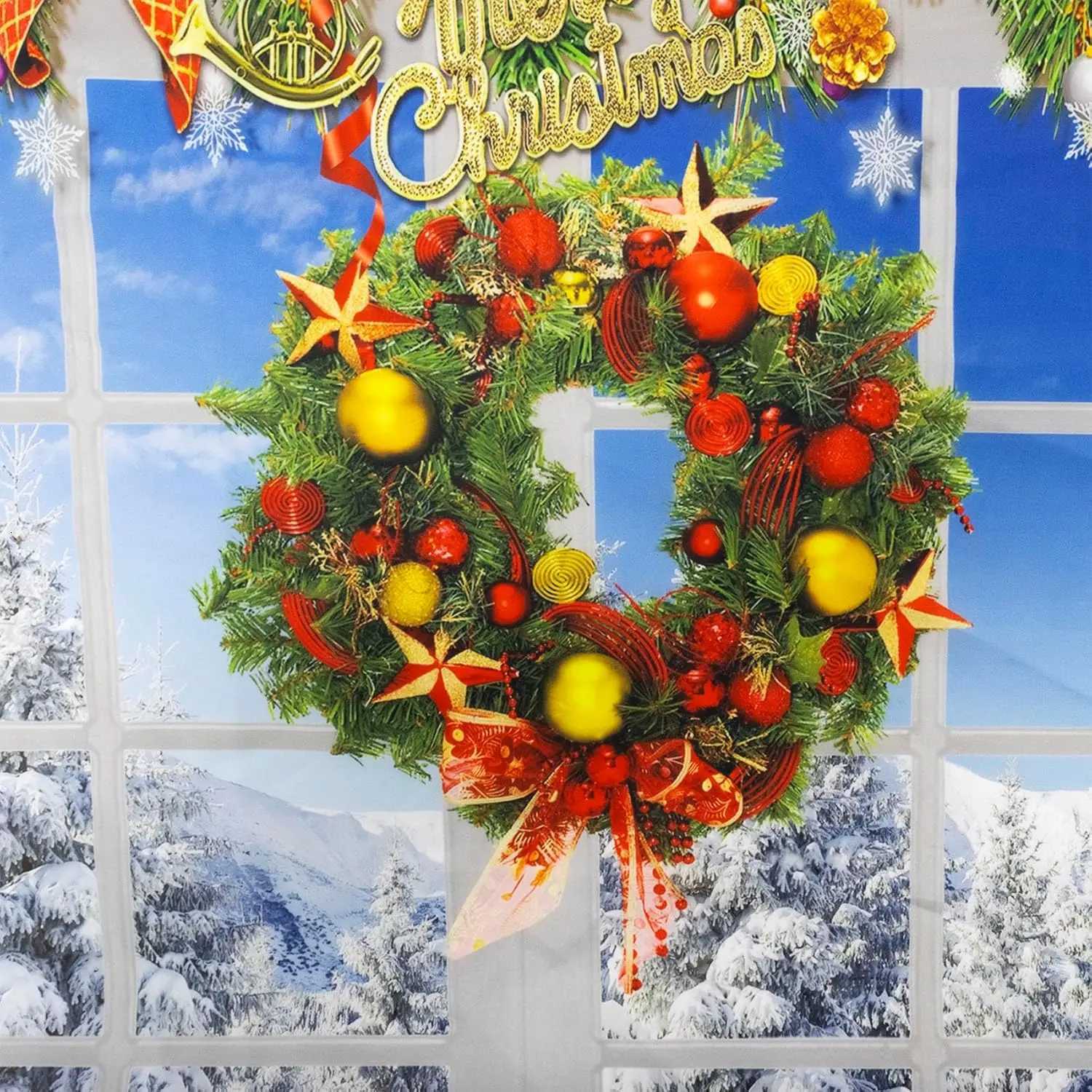 Winter Christmas Tapestry Pine Forest Snow Scene outside the Window and Christmas Wreath Holiday Decor Wall Tapestry for BedroomM251125