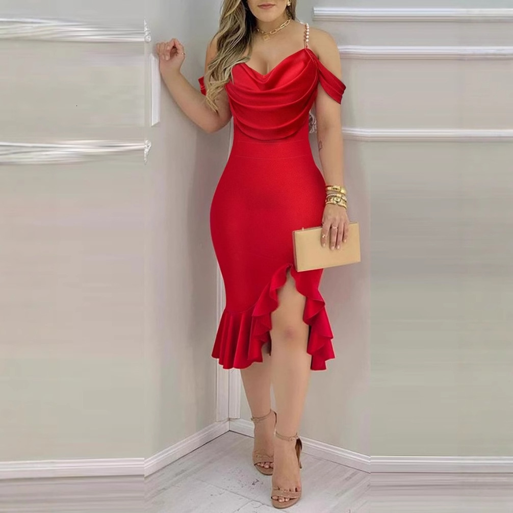 2024 New Pearl Chain Decorative Fake Two piece Swinging Collar Dress