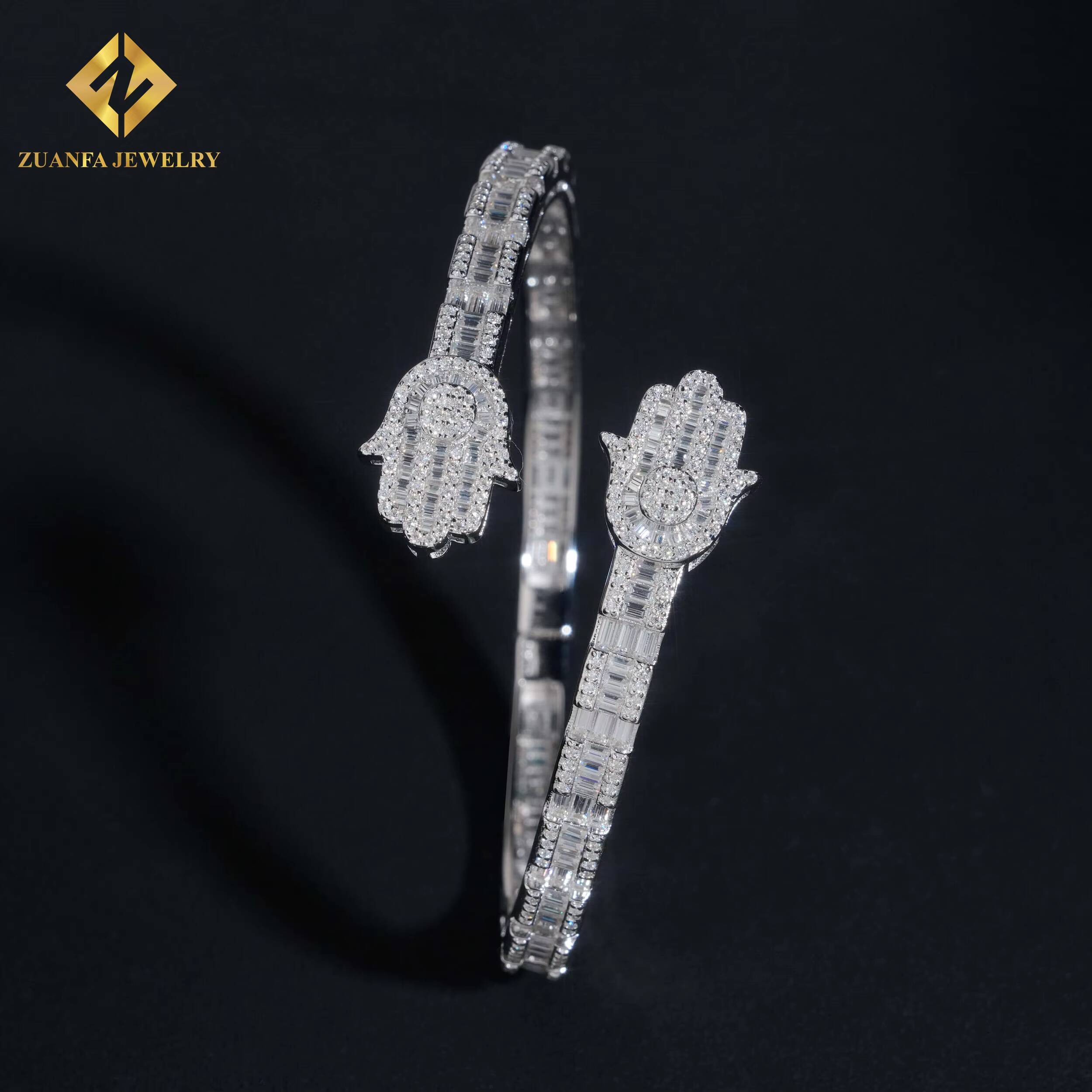New Arrival 925 Silver Baguette Diamond Hamsa Hand Moissanite Bangle Bracelet Fashion Hip Hop Men VVS Moissanite Bracelets