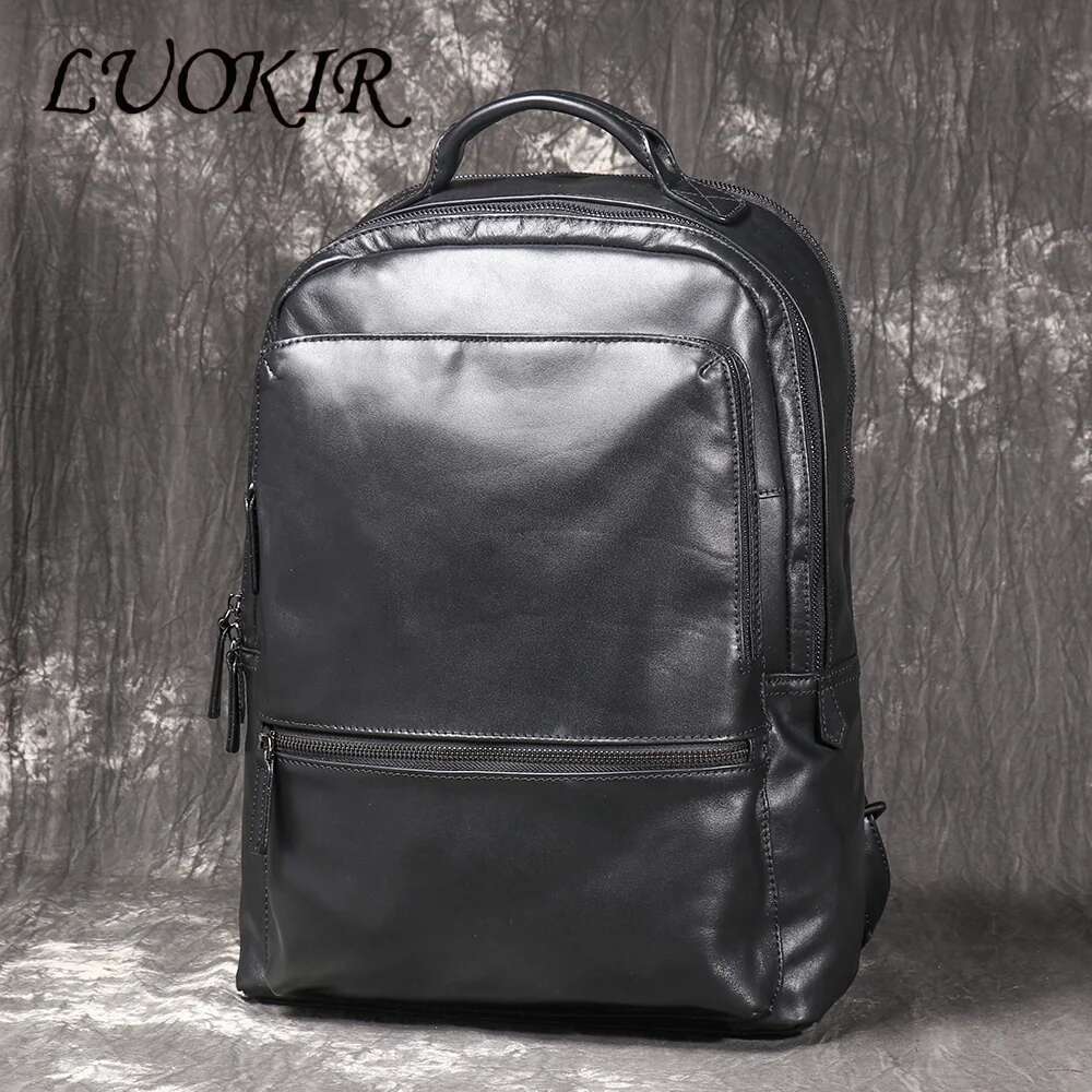 LUOKIR New Leather Men's School Bag With Layered Cowhide Handbag, Large Capacity Computer Bag, Women's Travel Backpack