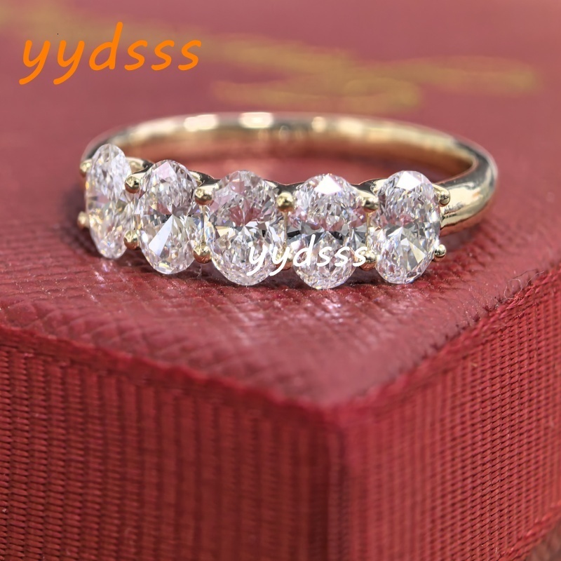 14K Yellow Solid Gold 5 Oval Cut Lab Grown Diamond Eternity Ring 5.3*3.8mm Oval CVD Diamond Fashion Womens Wedding Gold Ring