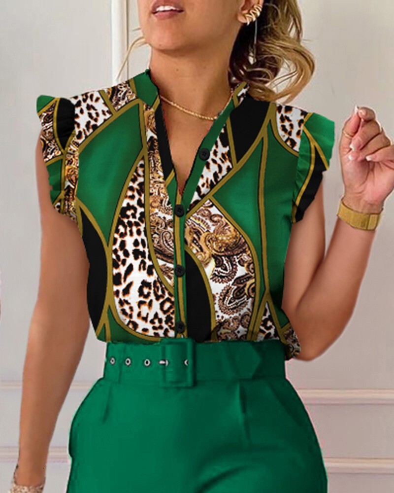 2023 Summer V-neck Button Petal Sleeve Printed Shirt Female