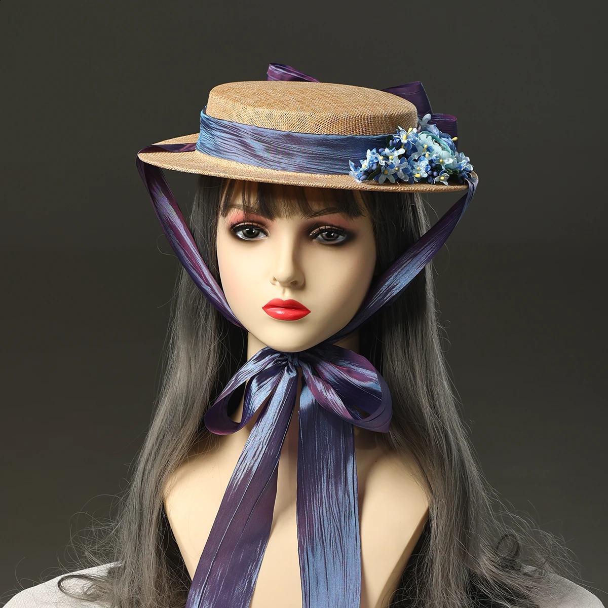 Handmade Women Flat Straw Hat Vintage Style Victorian Ribbon Bonnet Cap 250420