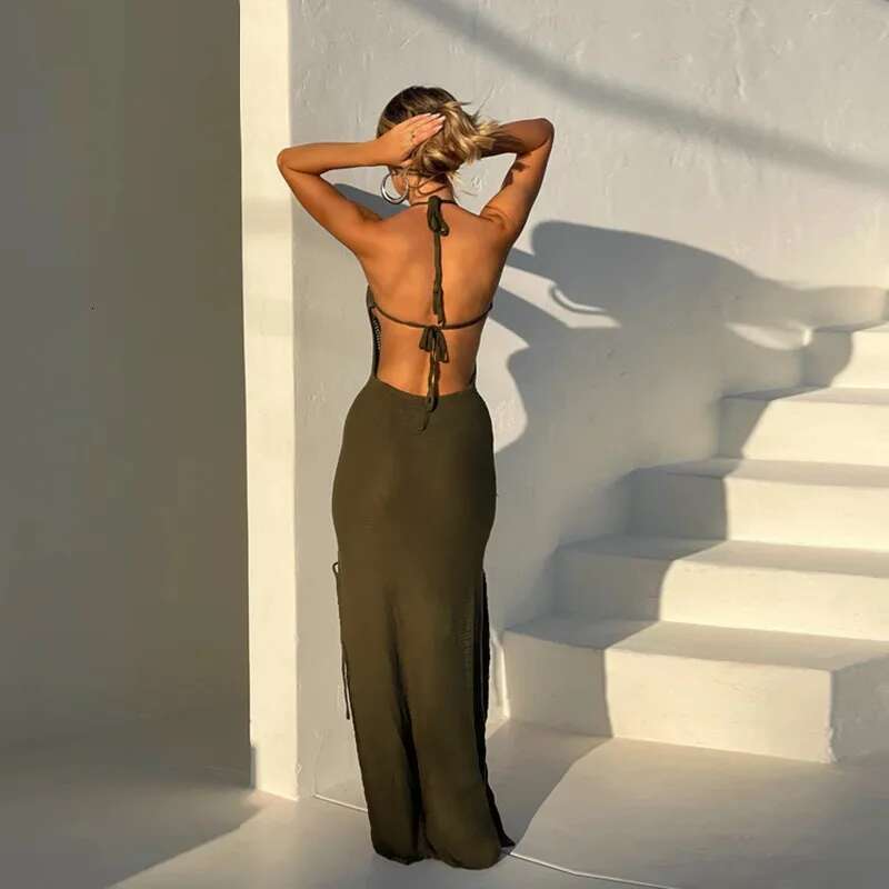 Dongdumaoyi Townlike Slim Bodycon Bandage Maxi Long Dress Women Halter Spring Summer Hollow Out Backless Sexy Party Dresses