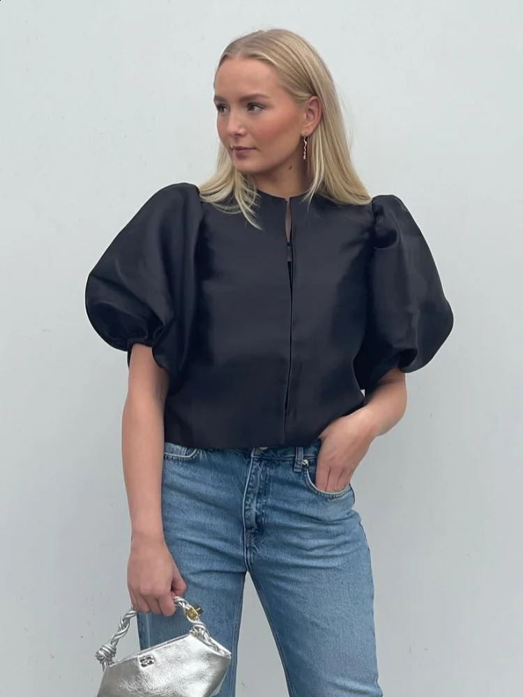 Womens casual satin round neck puff sleeve fashionable solid short cardigan spring elegant womens high street dress 250418