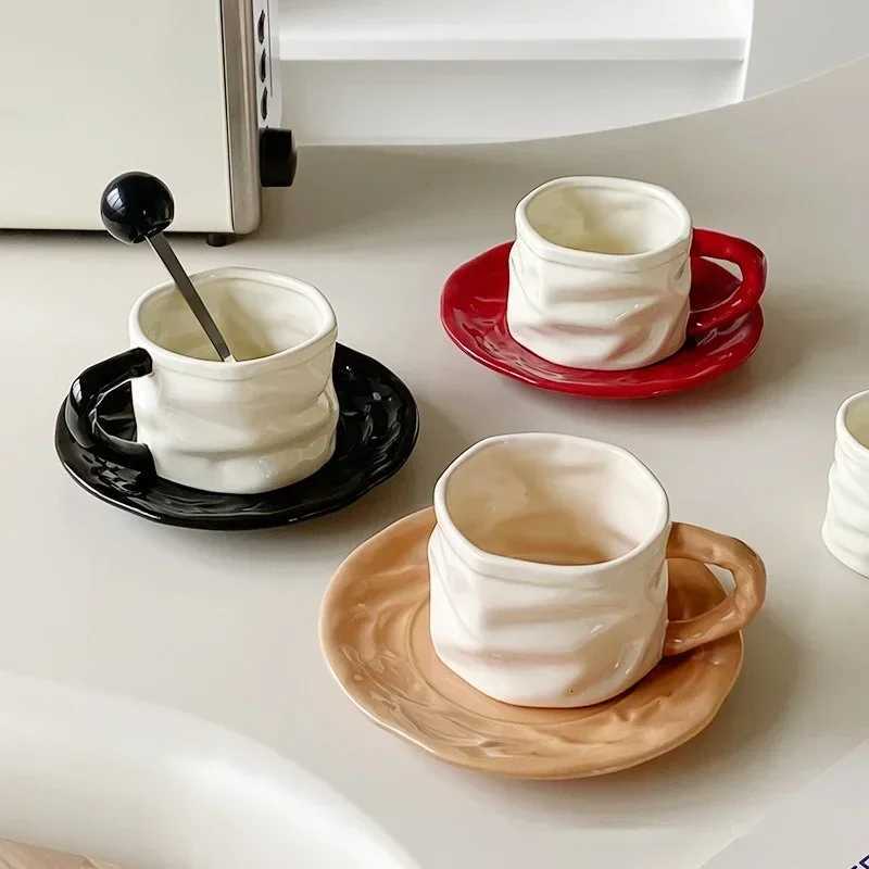 230ml Ceramics Mug Exquisite Pleated design Ceramics Coffee Cup and Saucer Set European style Afternoon tea cup Romantic gift Y251125