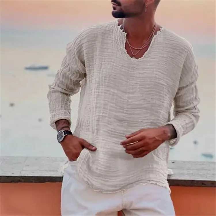 Fashionable mens spring and autumn fashionable young linen casual loose V-neck T-shirt washed with rough edged long sleeved shirt W250425