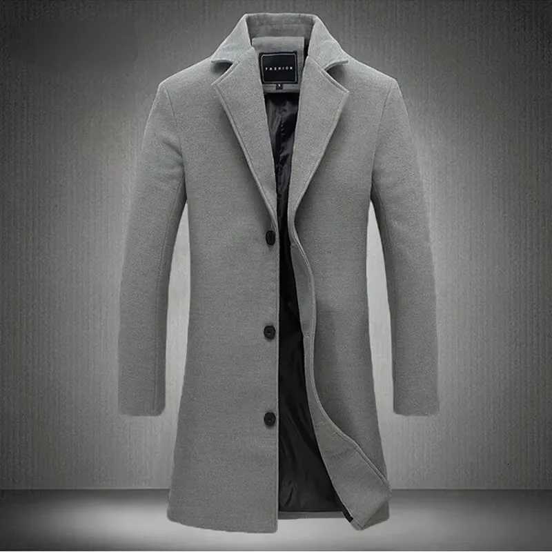 9 Colors Autumn New Long Cotton Coat Wool Blend Pure Color Casual Business Fashion Mens Clothing Slim Windbreaker JacketT251125
