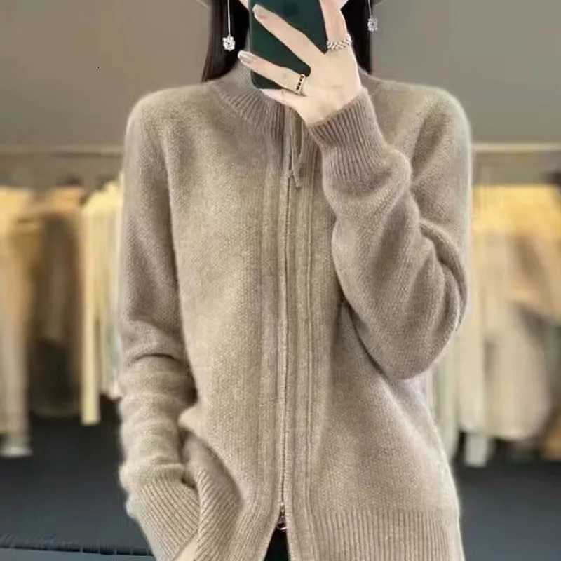 Autumn And Winter New Temperament Double Zipper Wool Knit Cardigan Womens Solid Color Long-Sleeved Sweater Thickened Loose TopT251125
