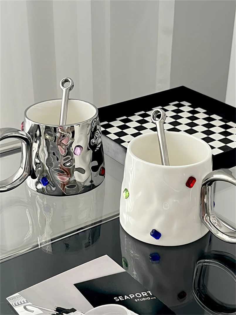 Nordic Style Ins Niche Design Ceramic Color Gem Mug Simple Coffee Cup with Handle Couples Cup with Spoon Y251125