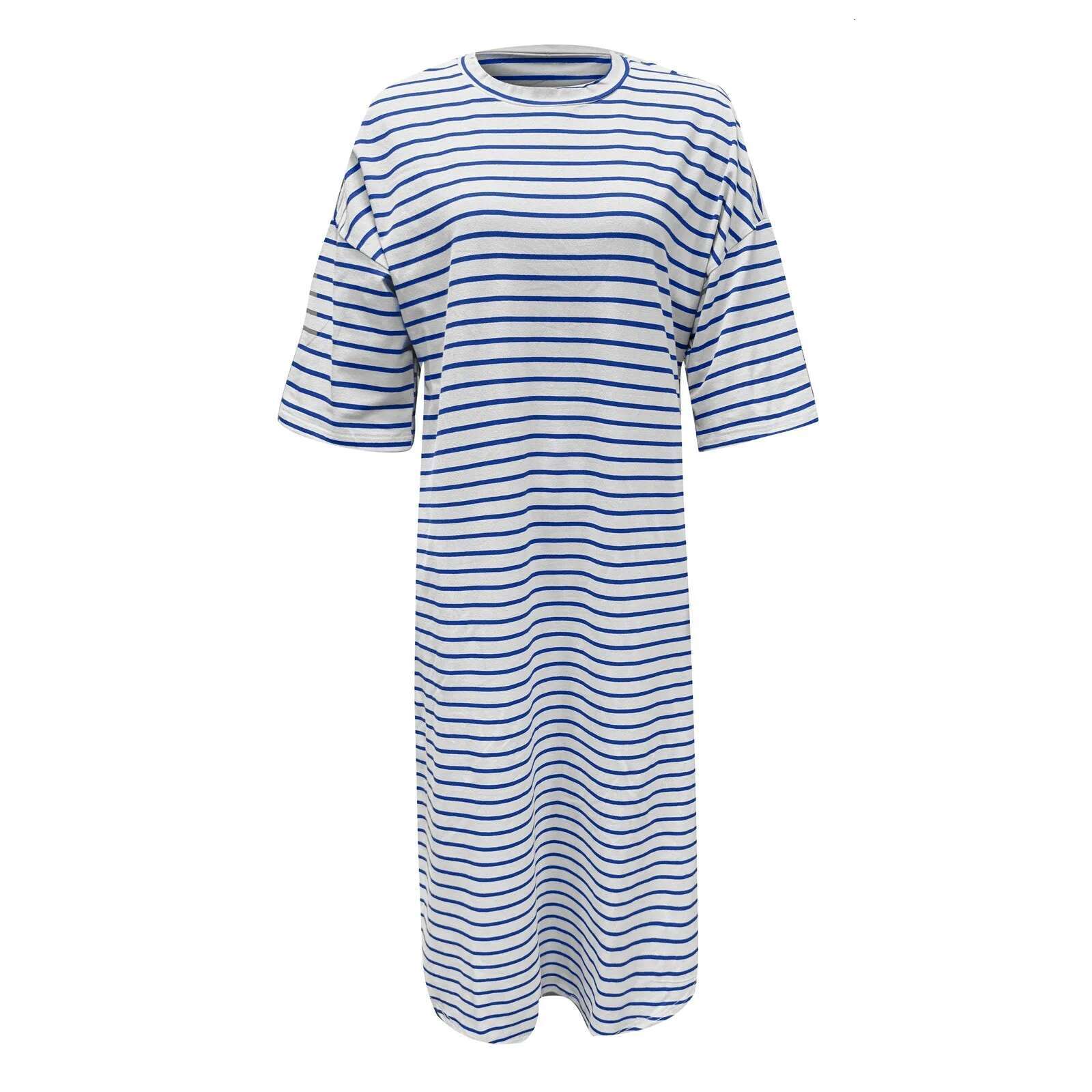 Dongdumaoyi Striped Dress Women Summer New Fashion Korean Medium Long Short Sleeve Knee Length Loose T Shirt Dresses Casual Office