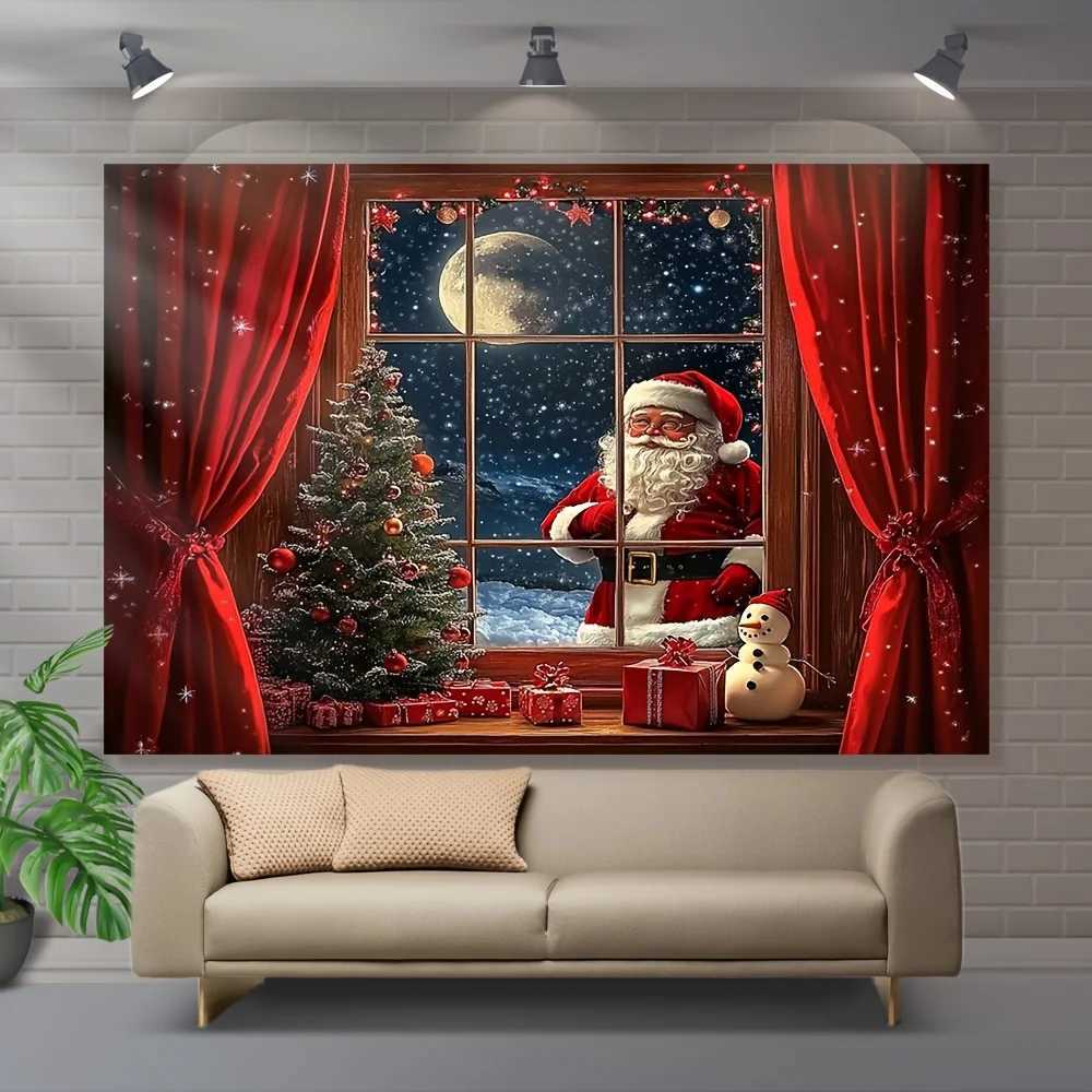 Festive Santa Claus and Snowman Christmas Tapestry - Polyester Holiday Wall Decor for Winter Wonderland ThemeM251125