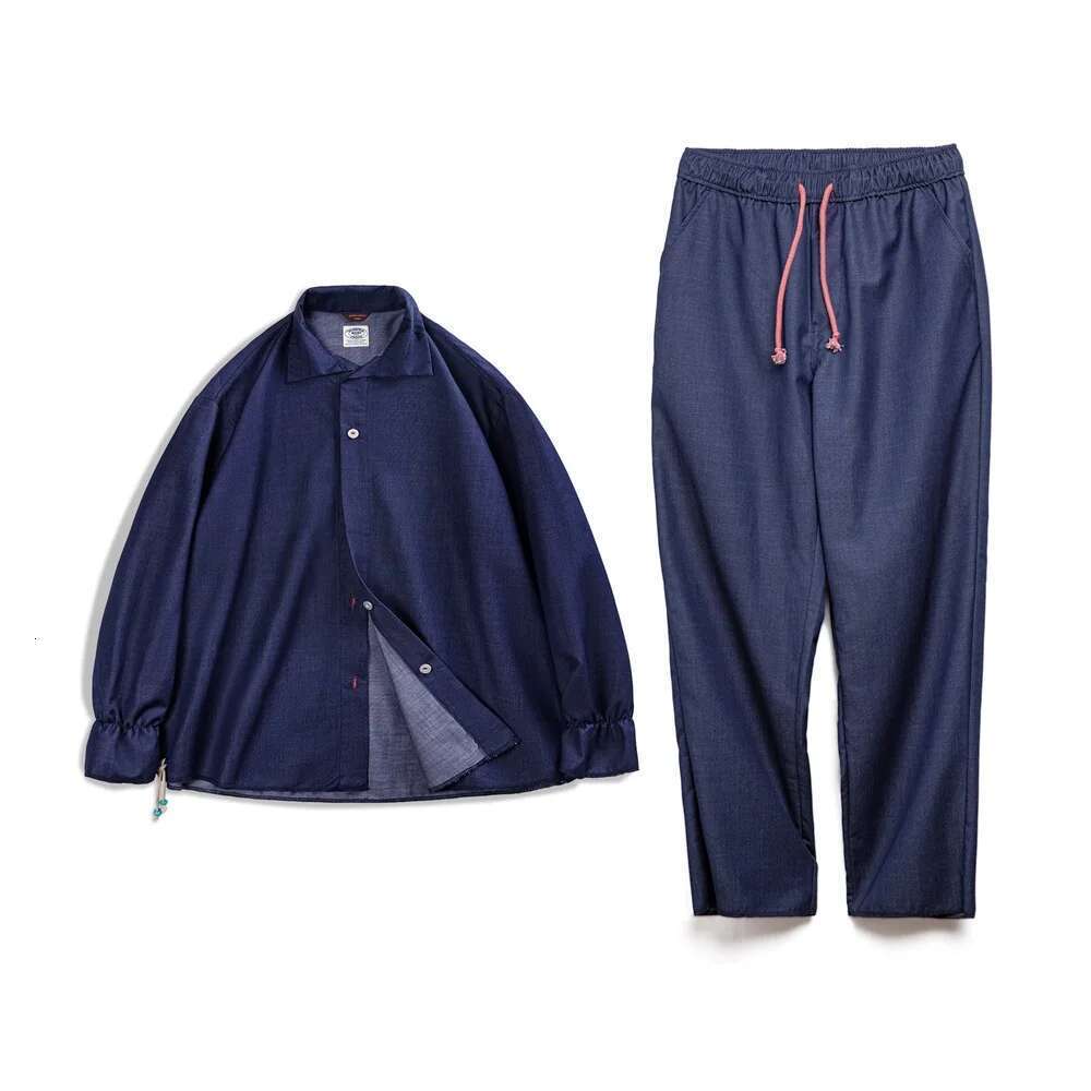 Maden Spring Vintage Blue Sets For Men Long Sleeve Shirts Loose Casual Straight Pants Mens Clothes Set Two Piece Plus Size Shirt