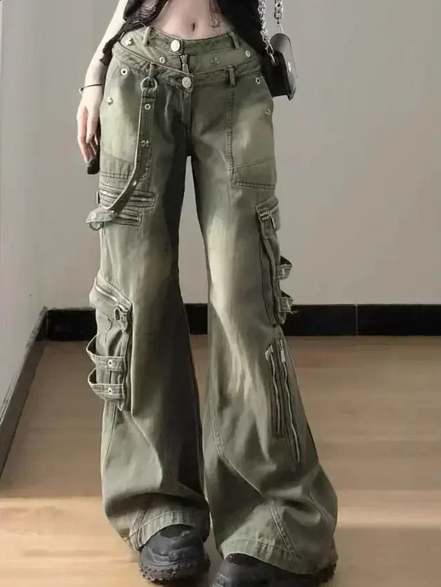 Loose retro washed cargo jeans streetwear womens zippers pocket pants hip-hop straight pants multi pocket wide leg jeans 250422
