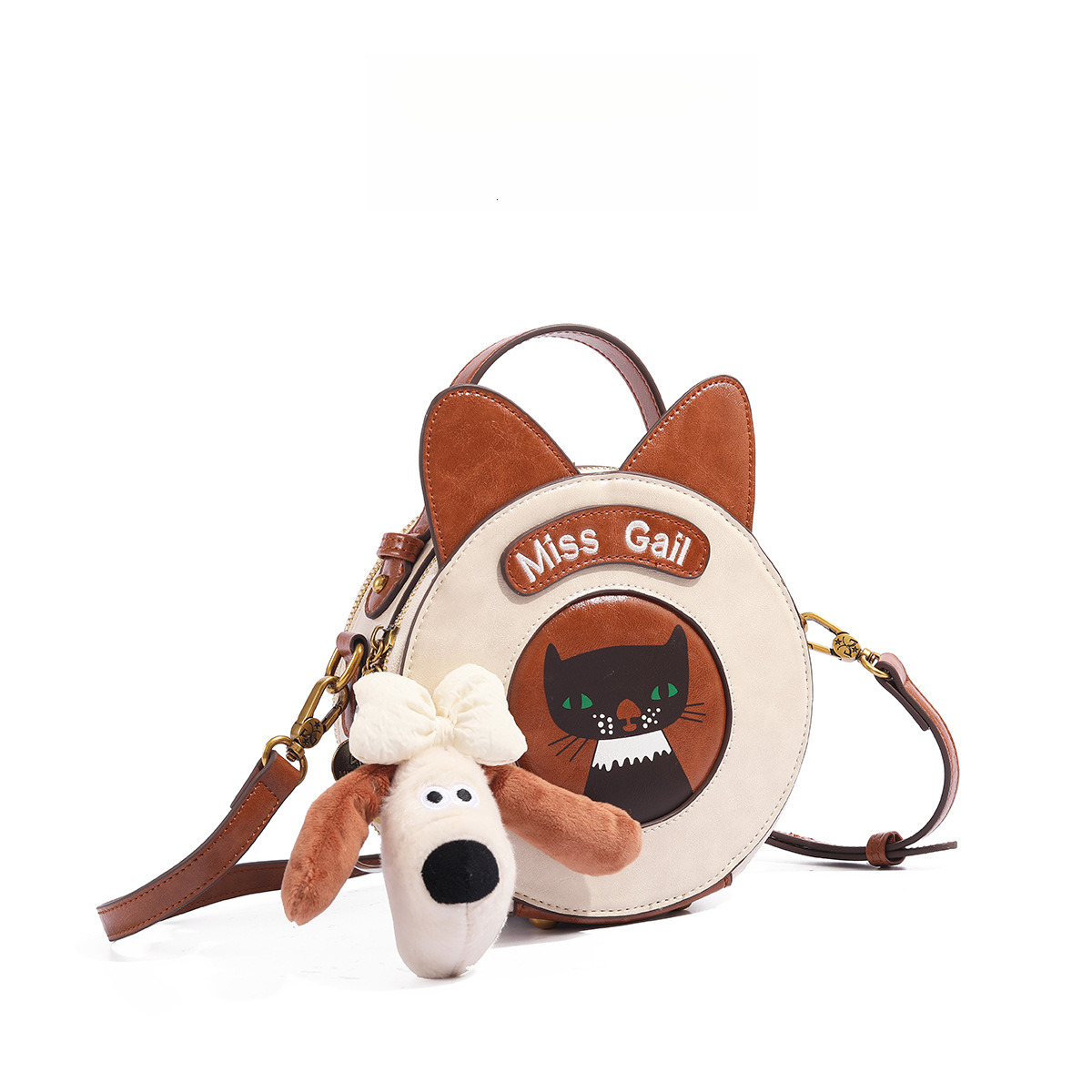 Cute Cartoon Cat Small Round Bag Women's Fashionable Pu Leather Puppy Pendant Designer Bag One Shoulder Crossbody Handbag