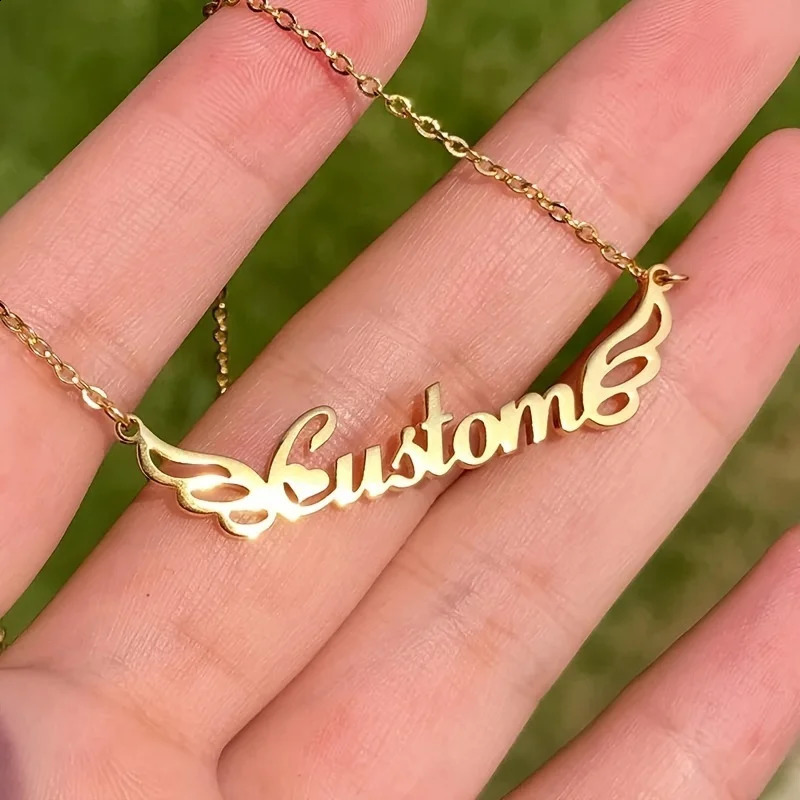 Custom Name Wings Necklaces For Women Gold Color Stainless Steel Personalized Wing Name Pendant Necklace Wedding Jewelry Gift 250425