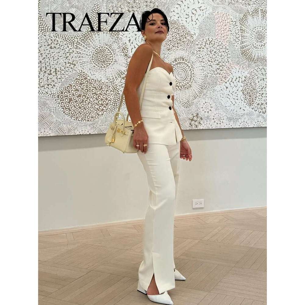 TRAFZA 2024 Women Fashion Solid Pant Suit Sleeveless Off Shoulder Tube Top+Side Slit Trouser Female Streetwear Office Sets