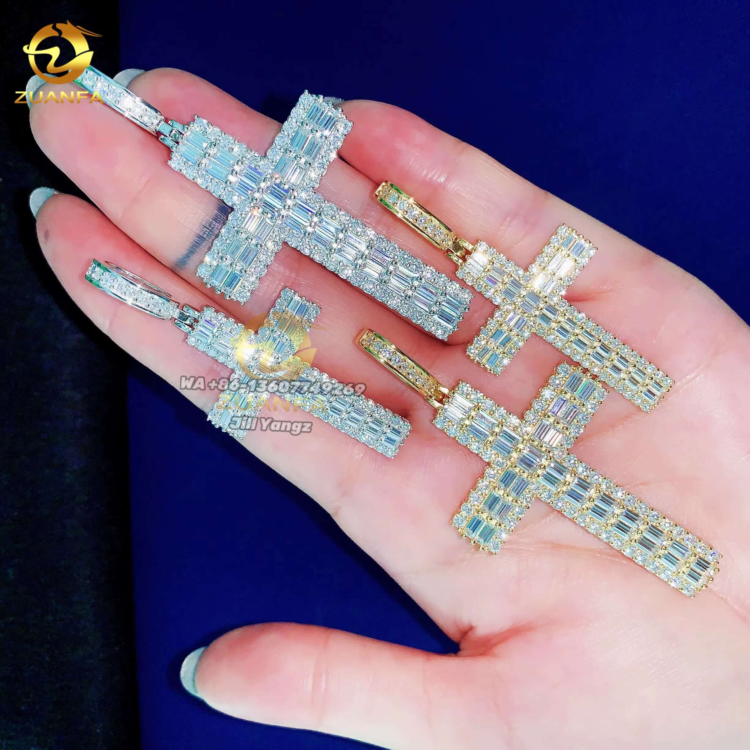 2 Size Options Cross Pendant Collection Baguette Moissanite Pendants GRA Certificate Iced Out Jewelry Custom Moissanite Pendant