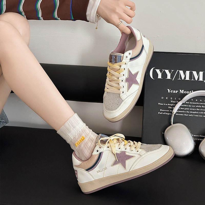 Free shipping women's white sneakers with star patchwork retro pink purple accents stylish comfortable breathable versatile daily wear sports cas