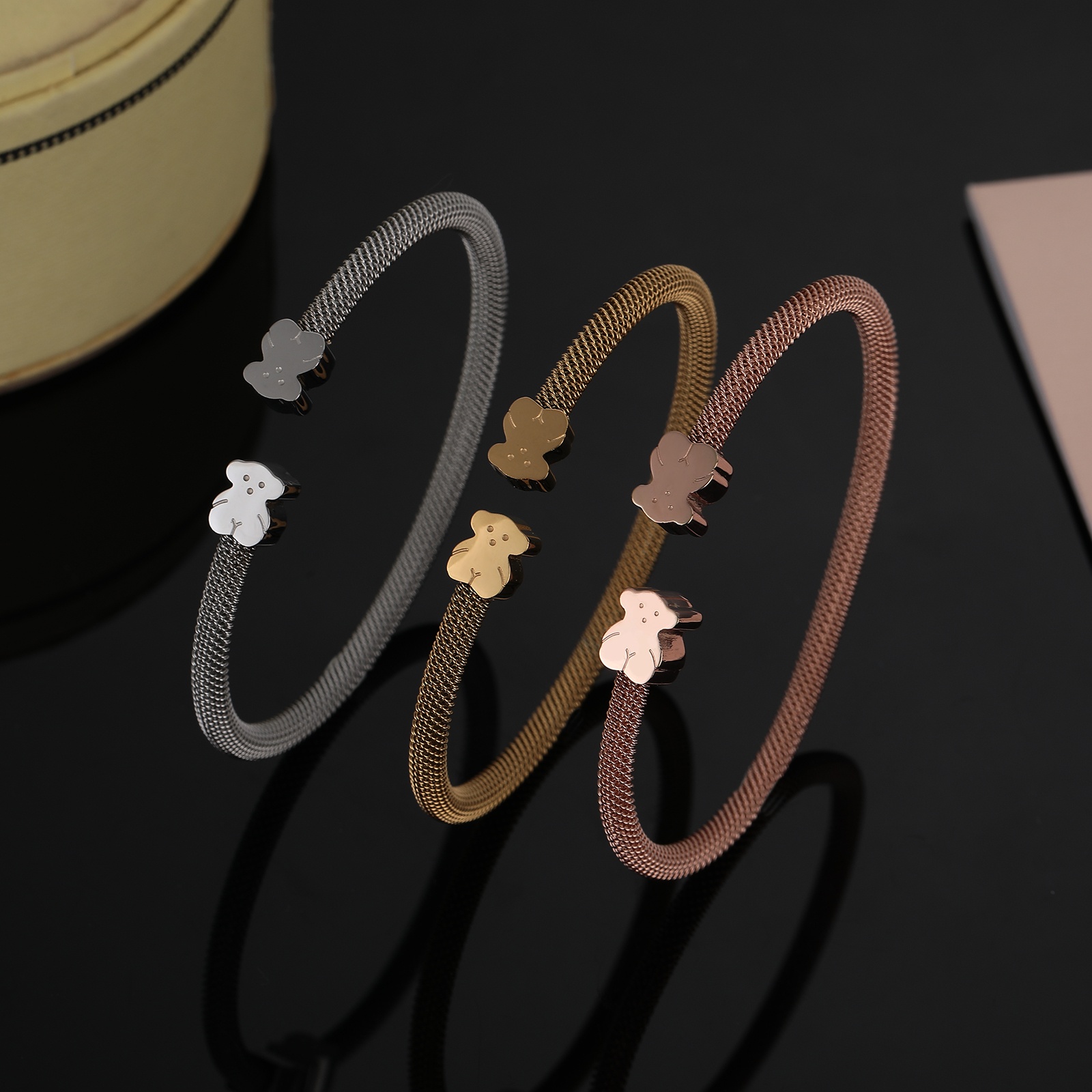 Fashion Women Men Girls Silver Gold Stainless Steel Bear Animal Heart Wire Wable Round Black White Zircon Open Bangle Bracelets Jewelry Pulsera Gift