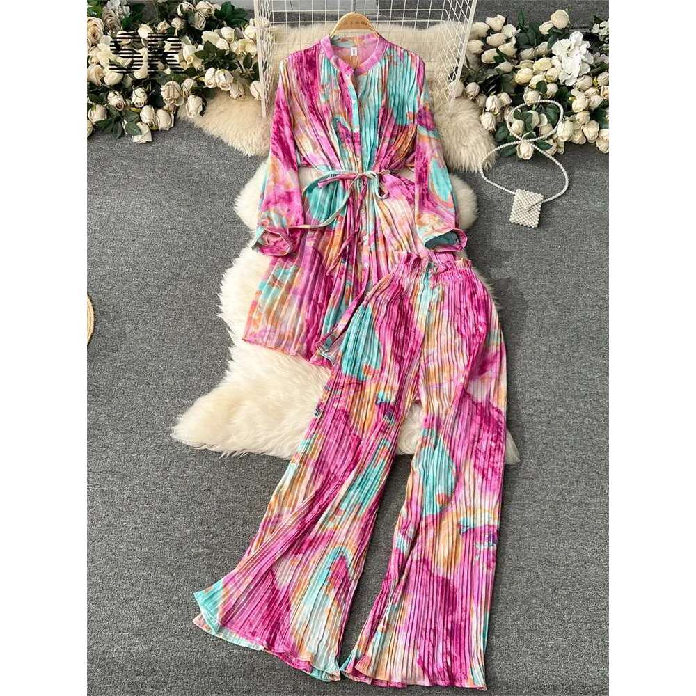 SINGREINY Pleated Two Piece Set Women Winter Sleeve Slim Long Top Elastic Waist Wide Leg Pants Fashion Streetwear Suit