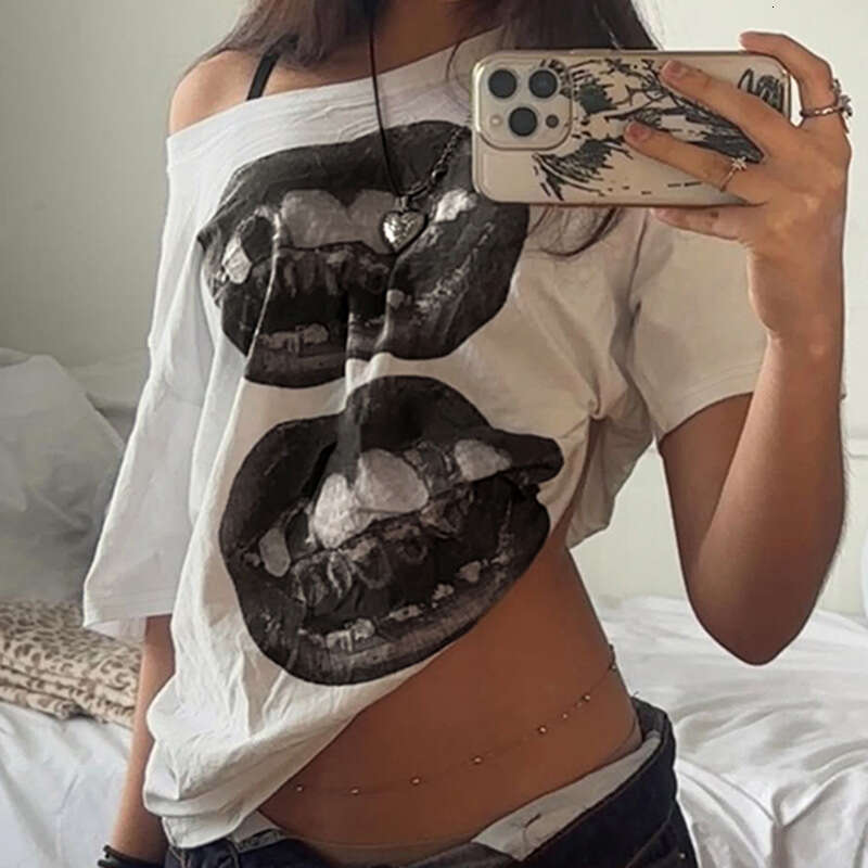 Spring/Summer New Hip Hop Mouth Printed Slant Neck Loose T-shirt Street Sexy Off Shoulder Casual Short Sleeve