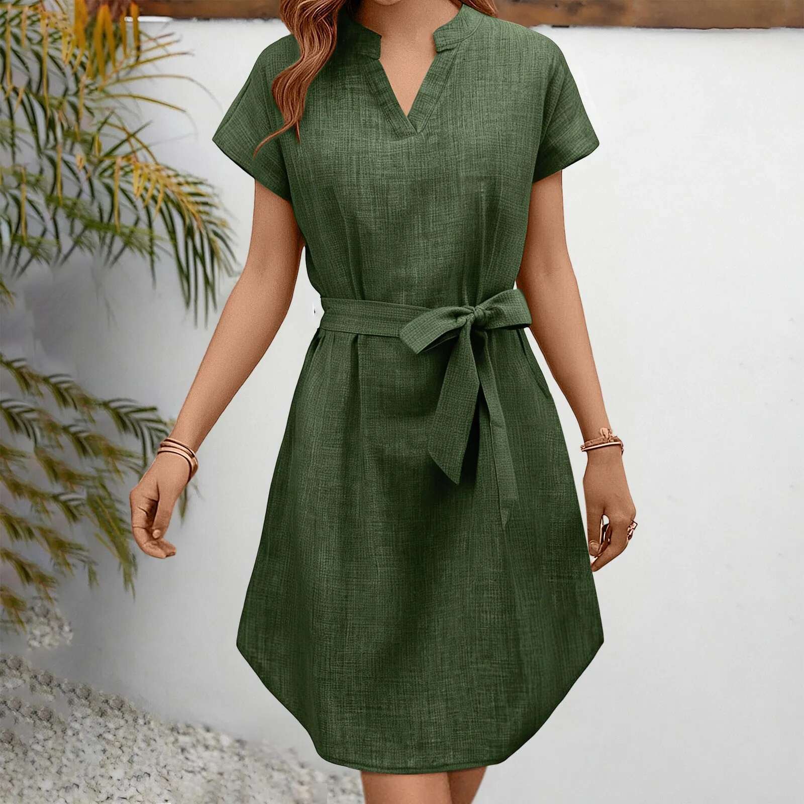 Dongdumaoyi Summer New Style Short Sleeve Dresses V Neck Solid Elegant Dress For Women Outfits Casual A Line Party Midi
