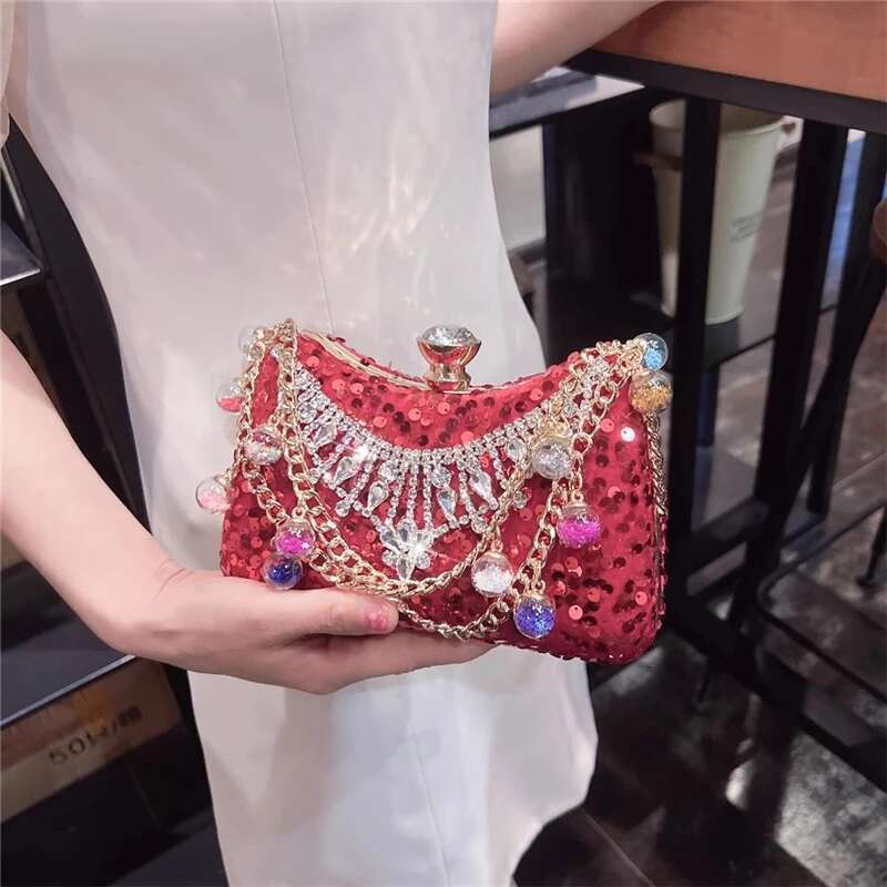Spring and summer new rhinestone sequin pearl buckle handbag banquet dress versatile one-shoulder cross-body chain women's bag