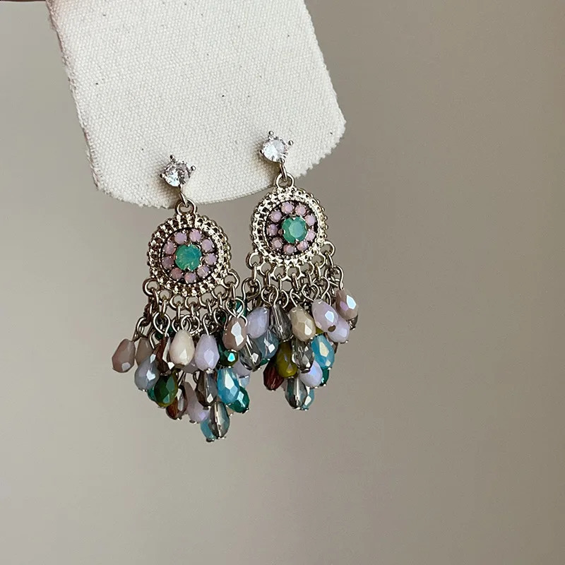 Minar Bohemian multicolor crystal Miyuki Strand tassel Rhinestone round pendant earrings suitable for womens casual beach jewelry 250422
