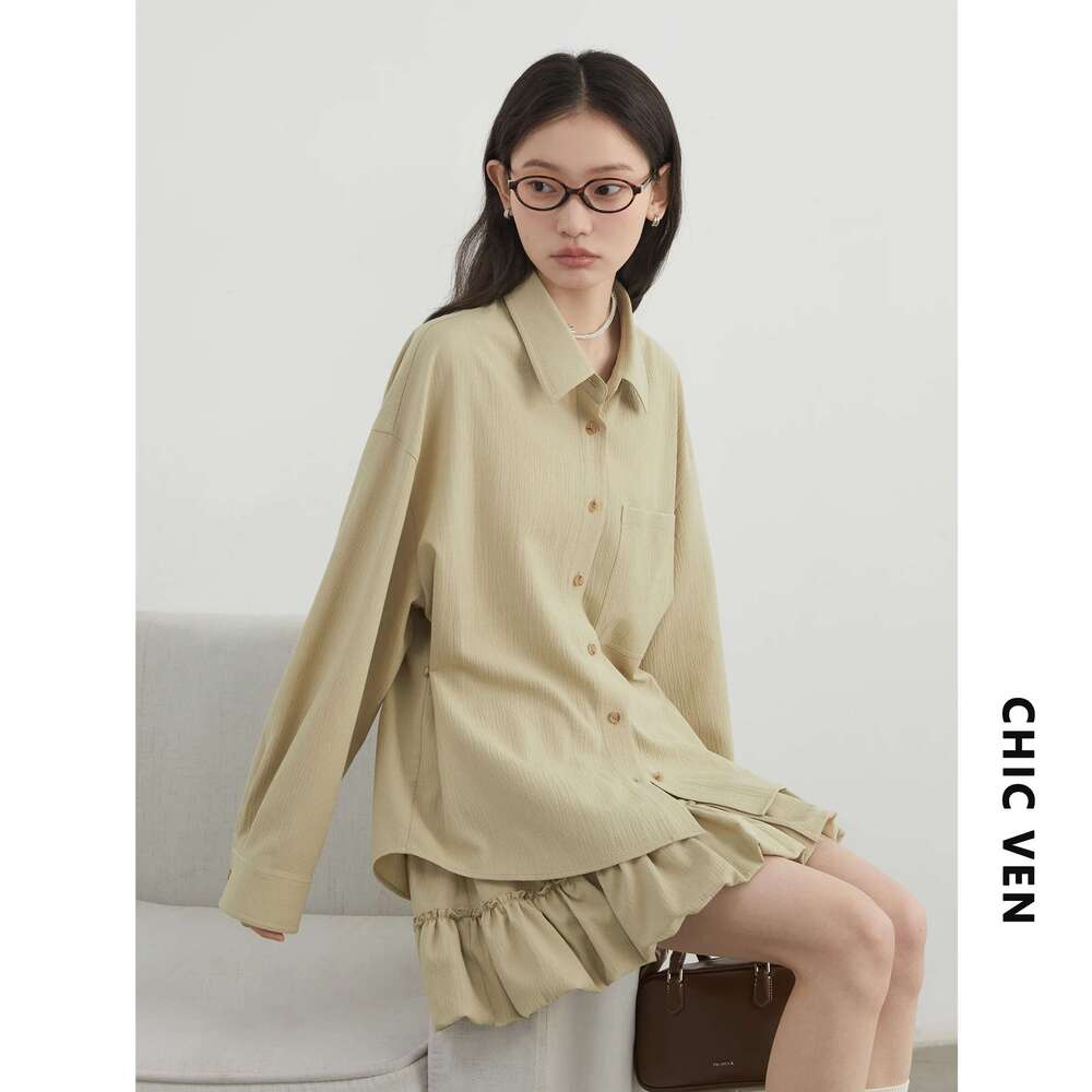 CHIC VEN Women Shirt Solid Long Sleeve Loose Casual New Texture Female Blouses Elastic Waist Mini Skirt Set Spring Summer 2025