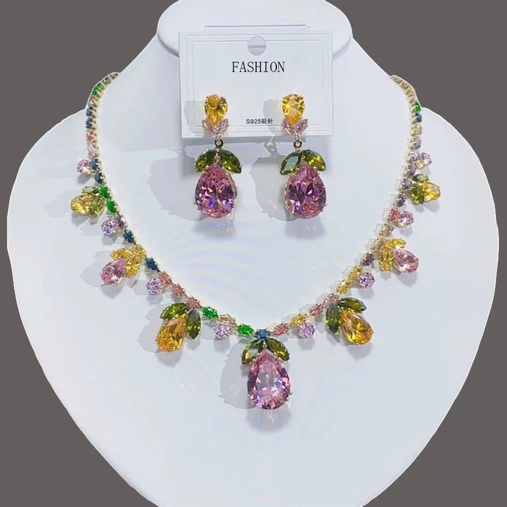 Women Rainbow Gemstone Necklace 18K Gold Plated Waterdrop Zirconia Earrings 2024 250417