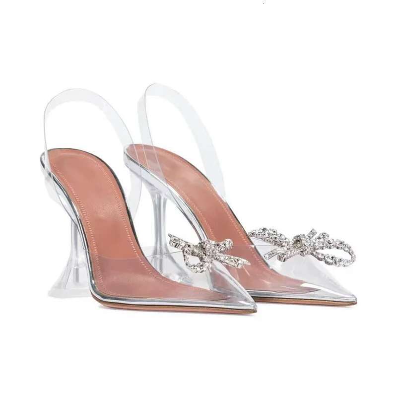 Summer new pointed rhinestone bow transparent PVC fashion slippers wine glass high-heeled banquet dress large size women sandals