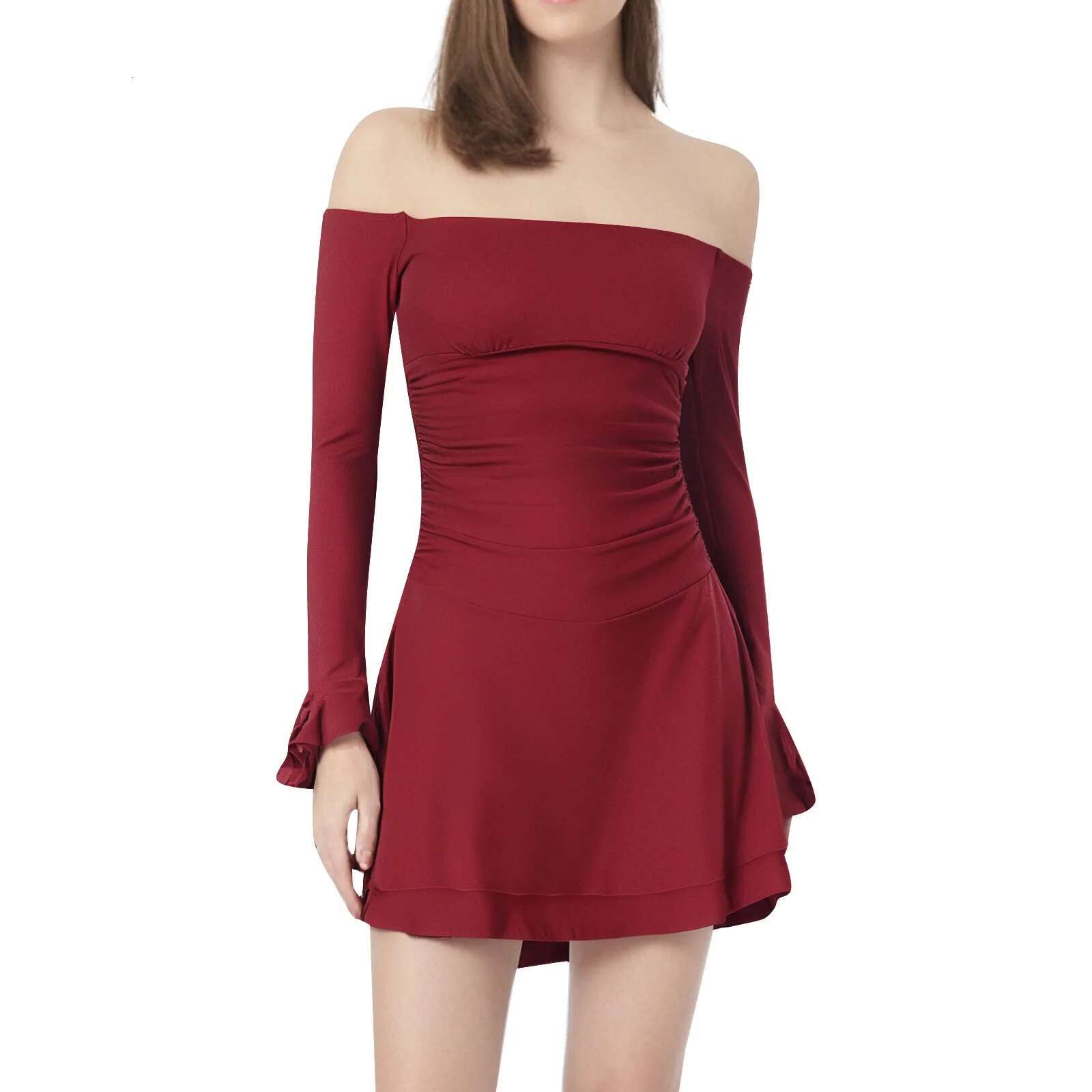 Dongdumaoyi Womens Elegant Off Shoulder Dress Fashion Layered Ruffled Flare Long Sleeve Solid Color Ruched Slim Short Mini A Line