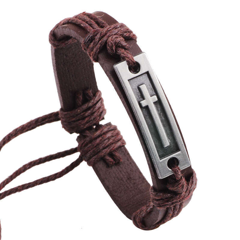Style Metal Alloy Cowhide Cross Realizes Meaning of Simplicity Jewelry Genuine Leather Bracelet for Men