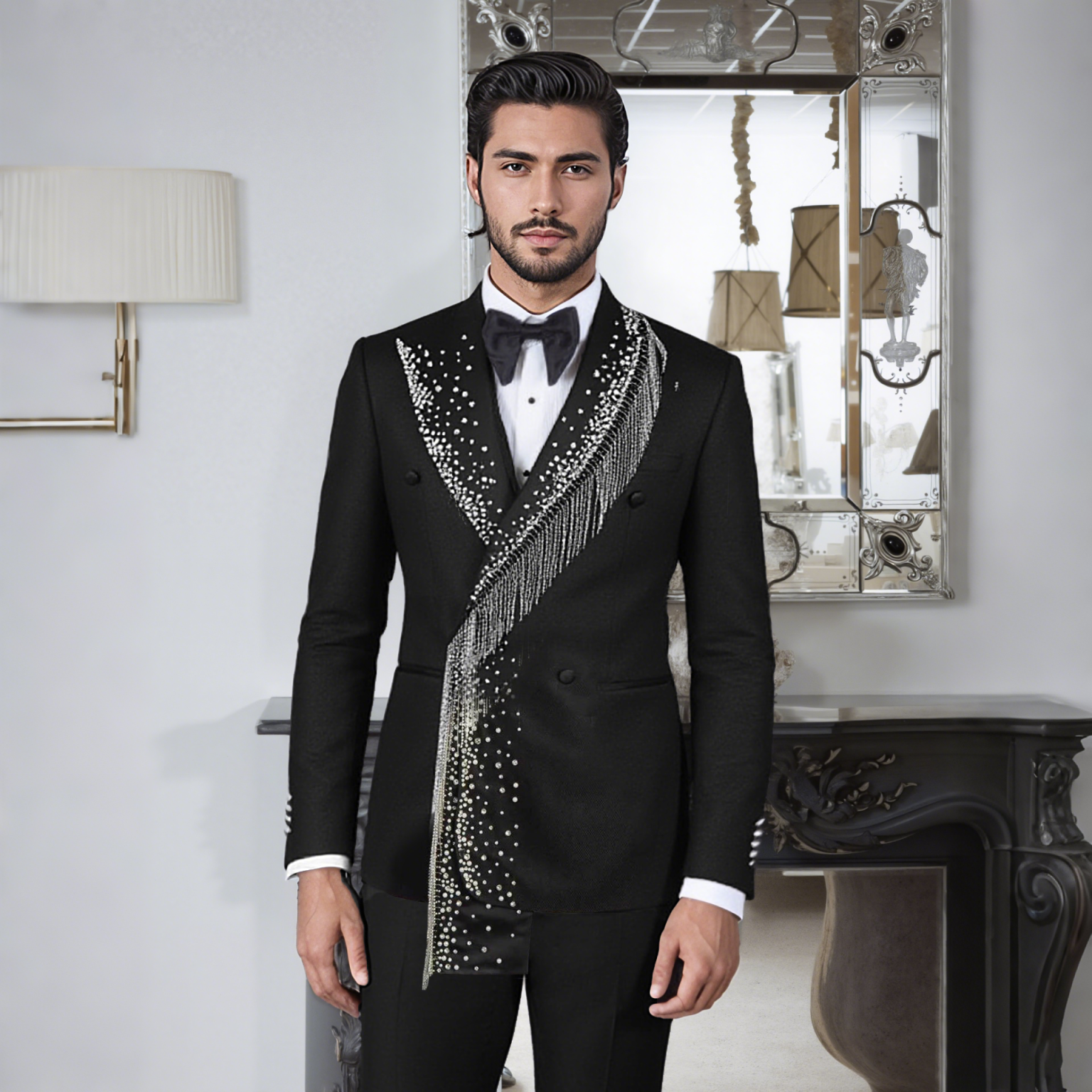 Handsome Black Wedding Tuxedos 1 Piece Set Jacket Tassel Beaded Men Suit Peaked Lapel Customized Groom Wear Party Suits