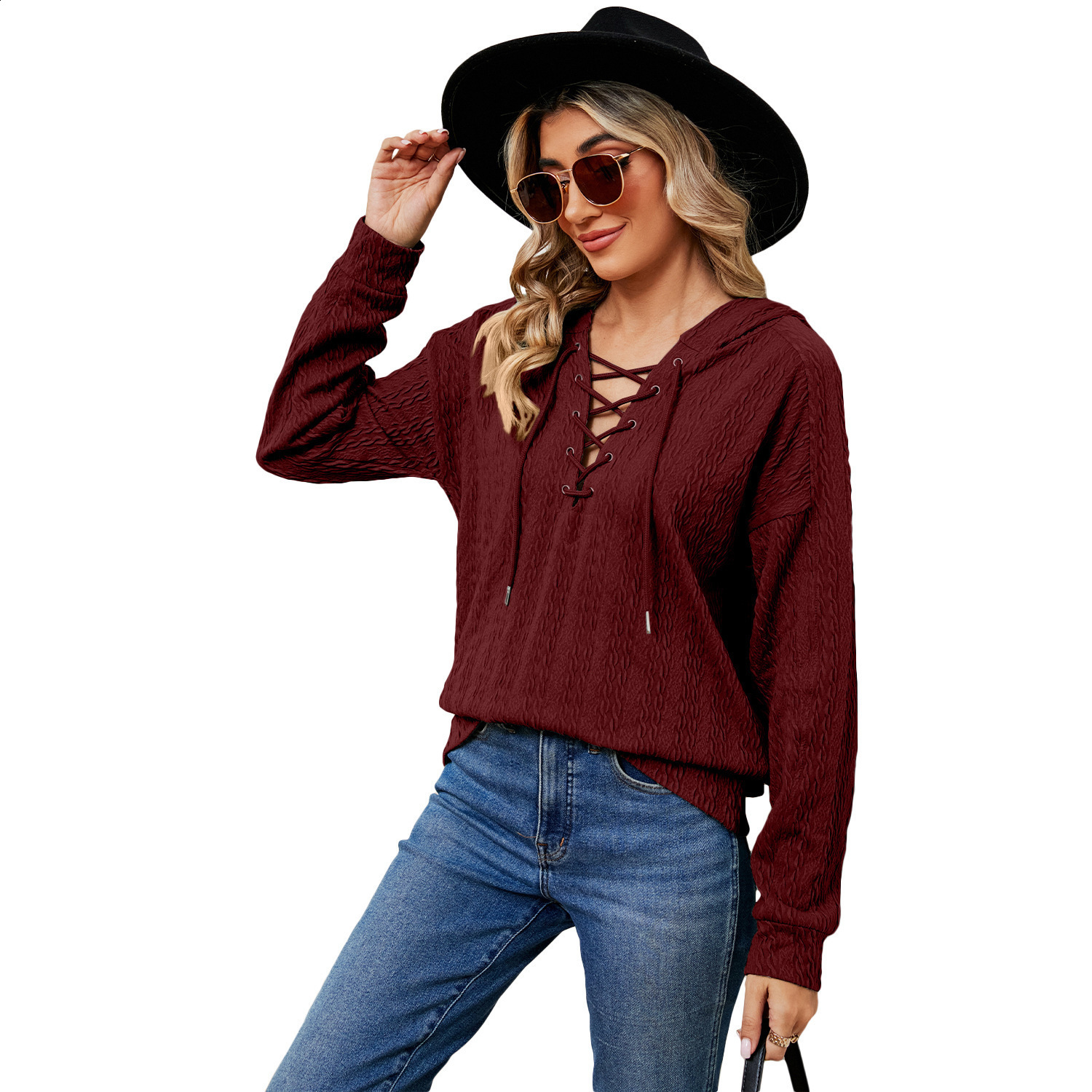 2024 Womens Solid Color Hoodie Womens Autumn/Winter Collection Collar Strap Long Sleeve Top 240902 - view 5